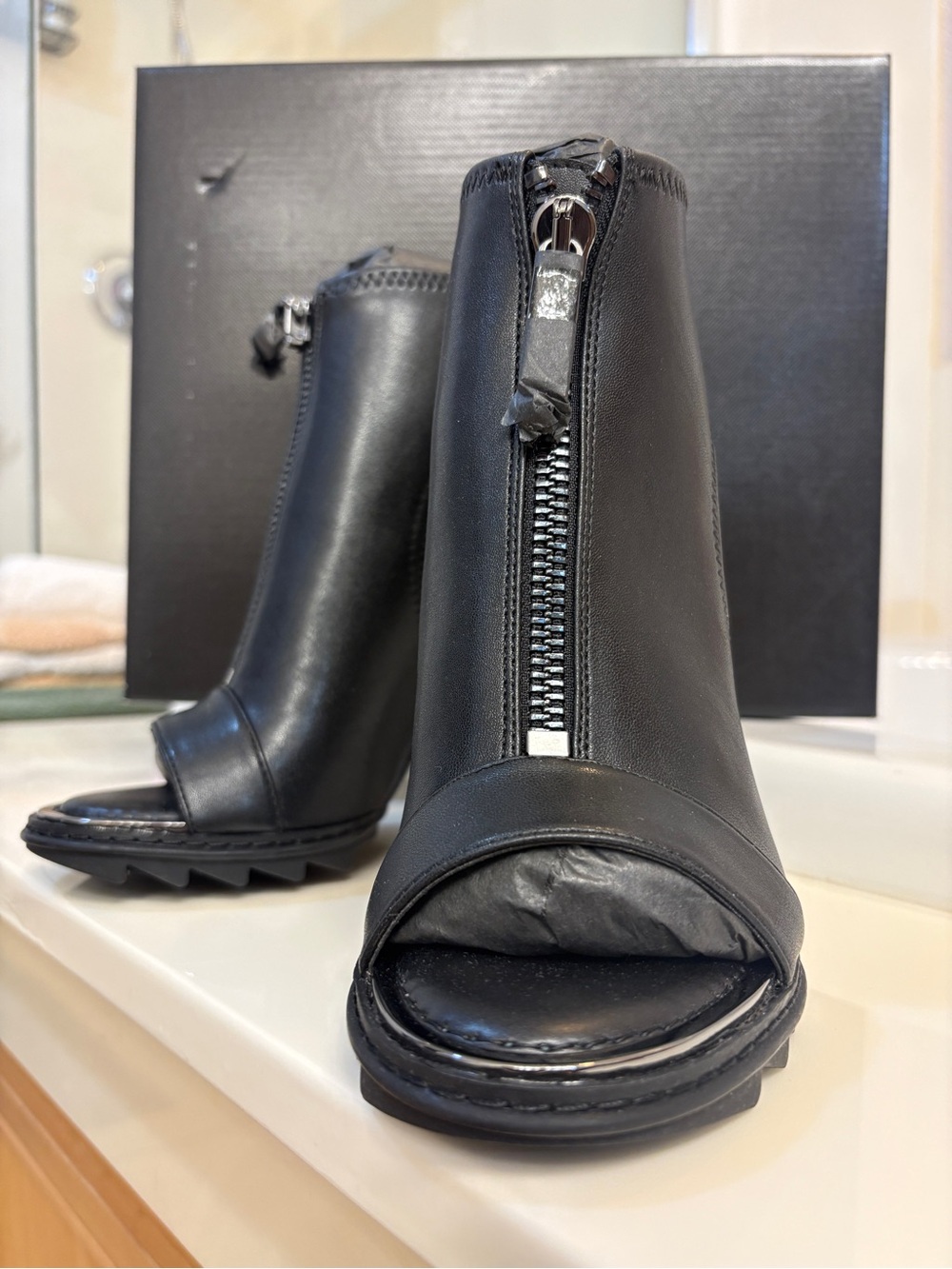 DKNY Women's Black Open-Toe Zipper Booties - Modern Heeled Sandals